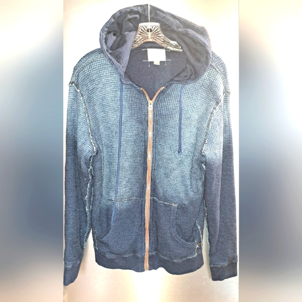 Mens TRUE GRIT Waffle Knit Zip Hoodie Fleece Lining Jacket Ombre  Distressed M